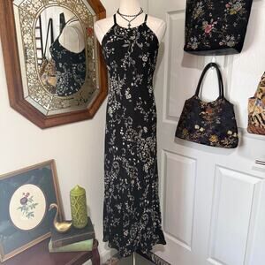 VTG Y2K Express Black & Ivory Botanical Floral Pattern Halter Neck Midi Dress